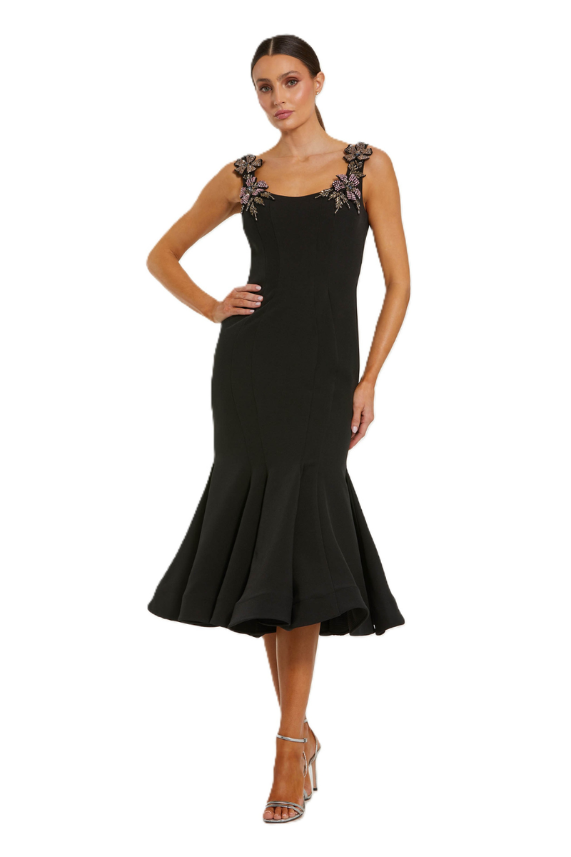11948 - Black Sleeveless Midi Dress With Floral Embellishments by Mac Duggal in black color for women in Singapore