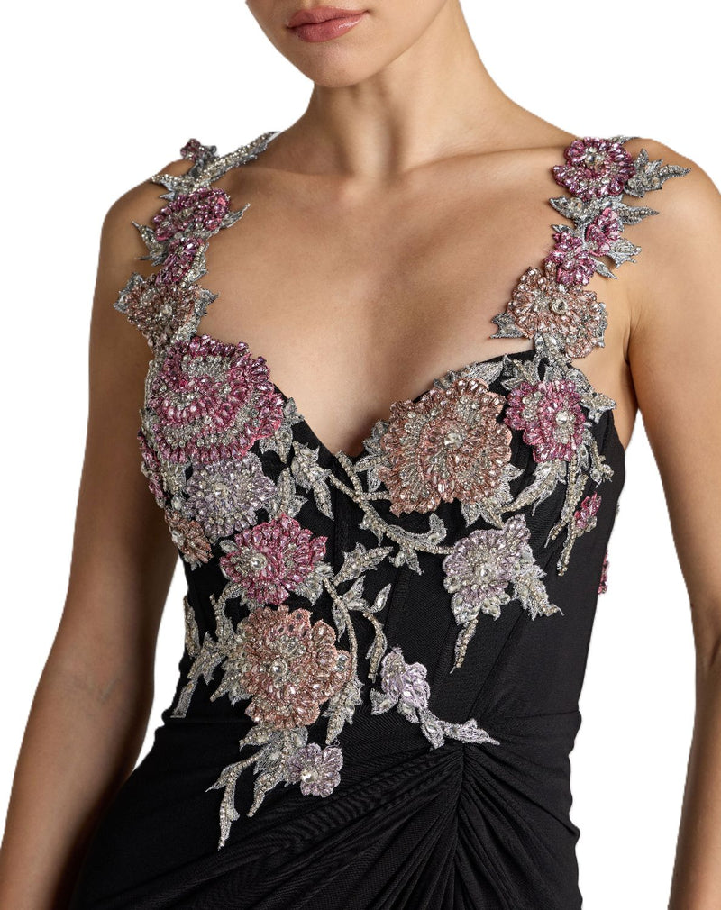 11956 - Black Sweetheart Jersey Gown With Beaded Flowers by Mac Duggal in black color for women in Singapore