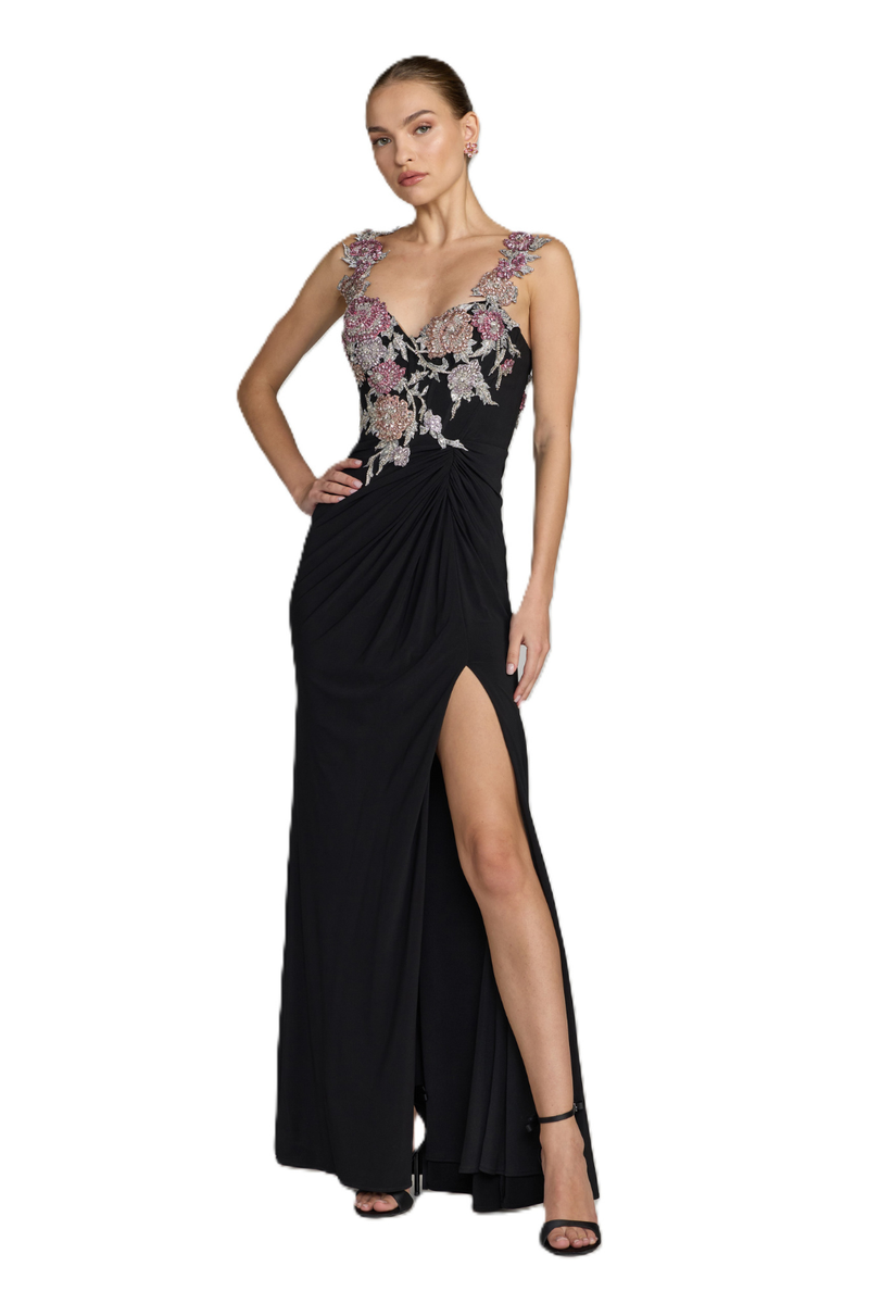 11956 - Black Sweetheart Jersey Gown With Beaded Flowers by Mac Duggal in black color for women in Singapore