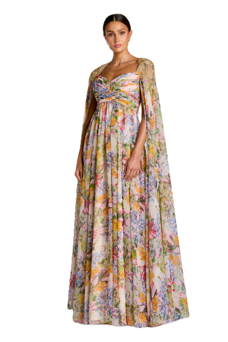 11990 - Multi Embellished Chiffon Cape Sleeve A Line Gown chiffon by Mac Duggal in multi color for women in Singapore