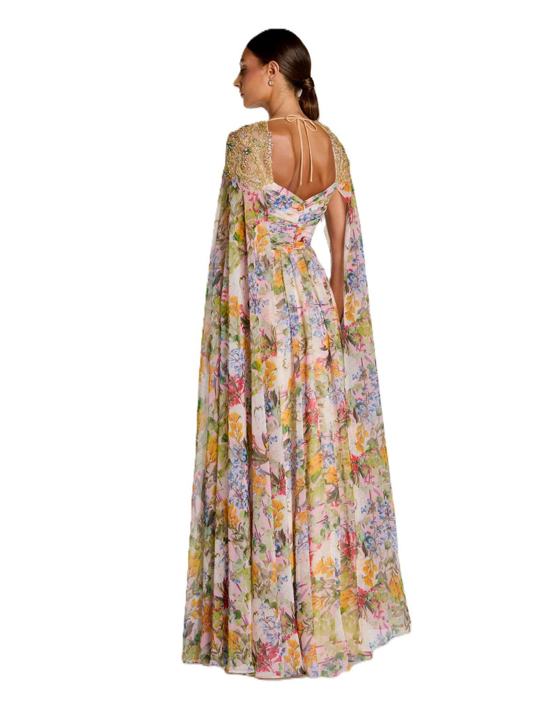 11990 - Multi Embellished Chiffon Cape Sleeve A Line Gown chiffon by Mac Duggal in multi color for women in Singapore