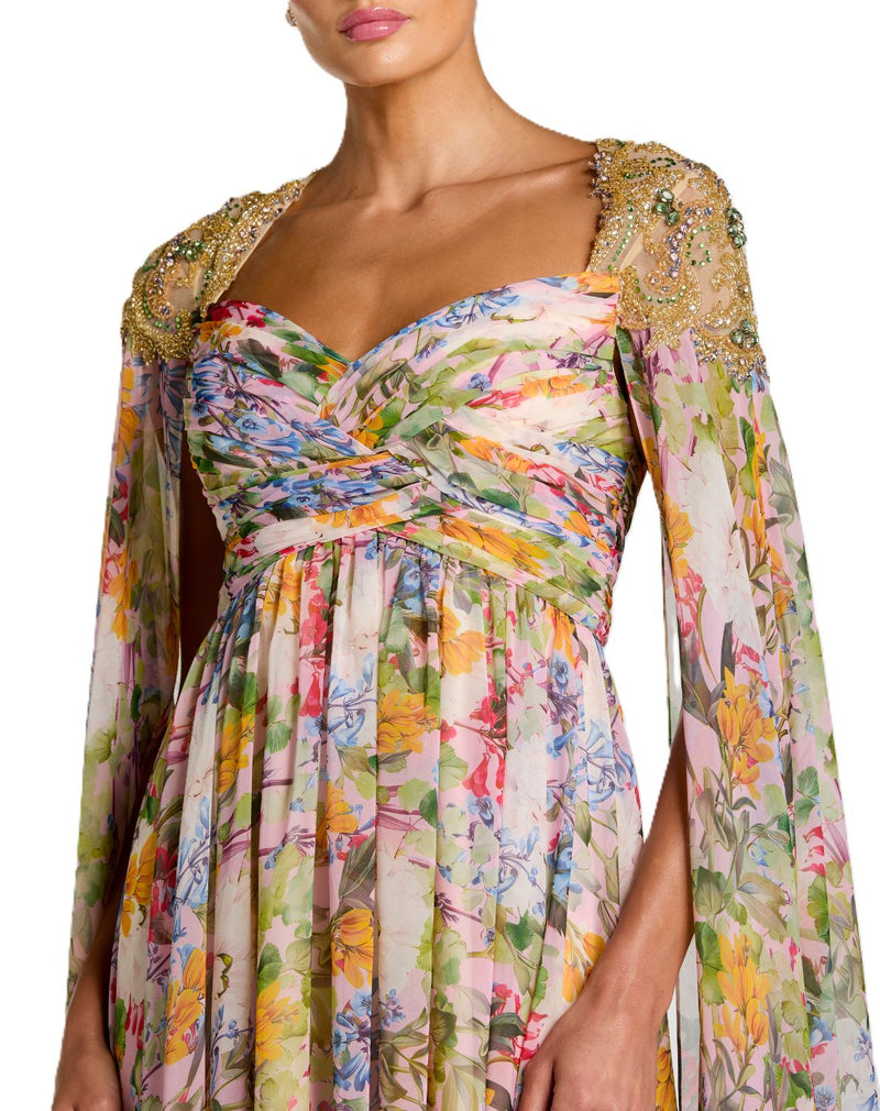 11990 - Multi Embellished Chiffon Cape Sleeve A Line Gown chiffon by Mac Duggal in multi color for women in Singapore