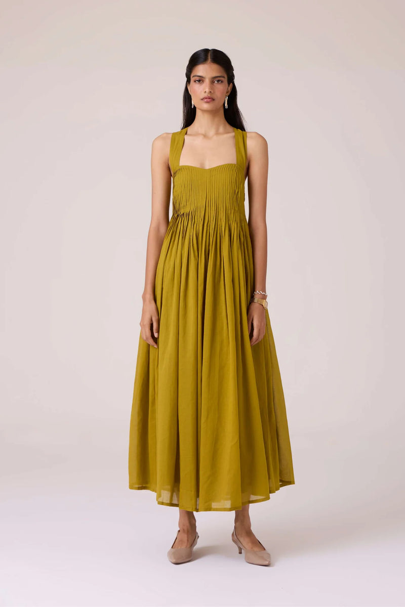 TSHMPOP26-34 Erato Olive pleated dress-Size L