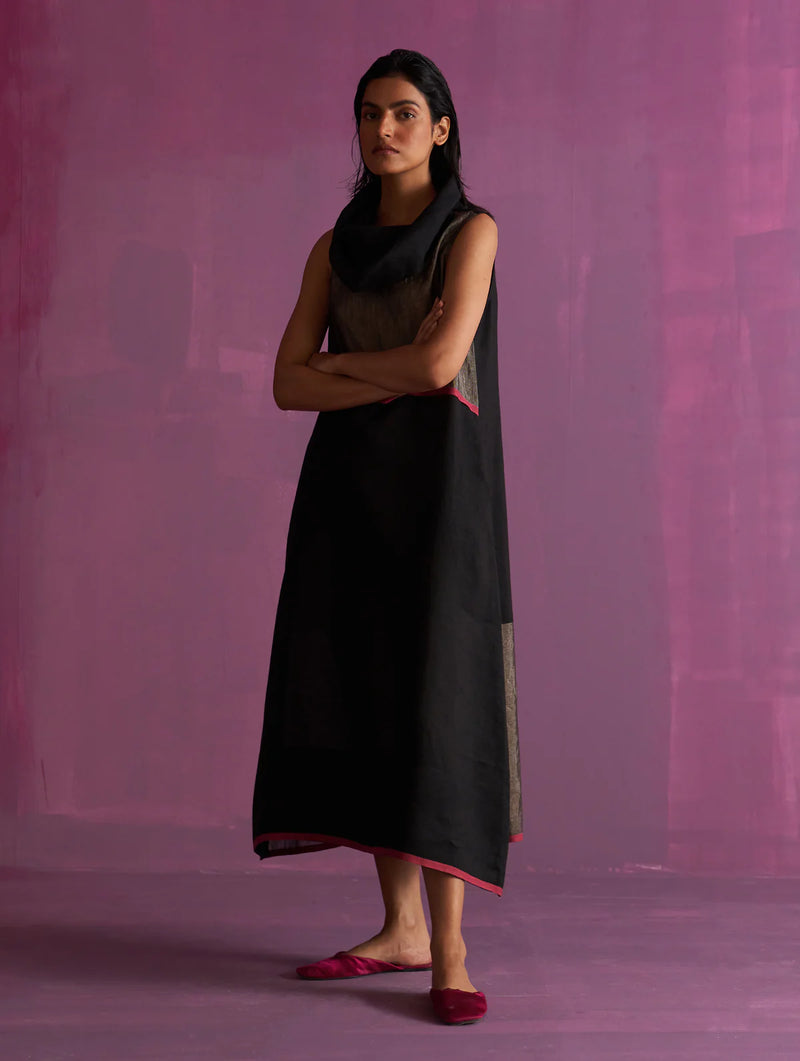 Shira Cowl Neck Dress - Black linen by Manan in black color for women in Singapore