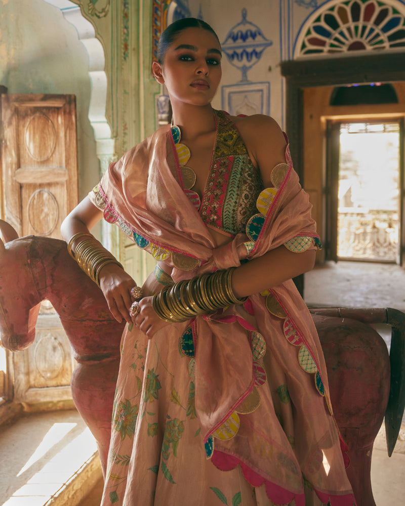 Khel Nude Pink Printed Lehenga silk by Rajiramniq in pink color for women in Singapore