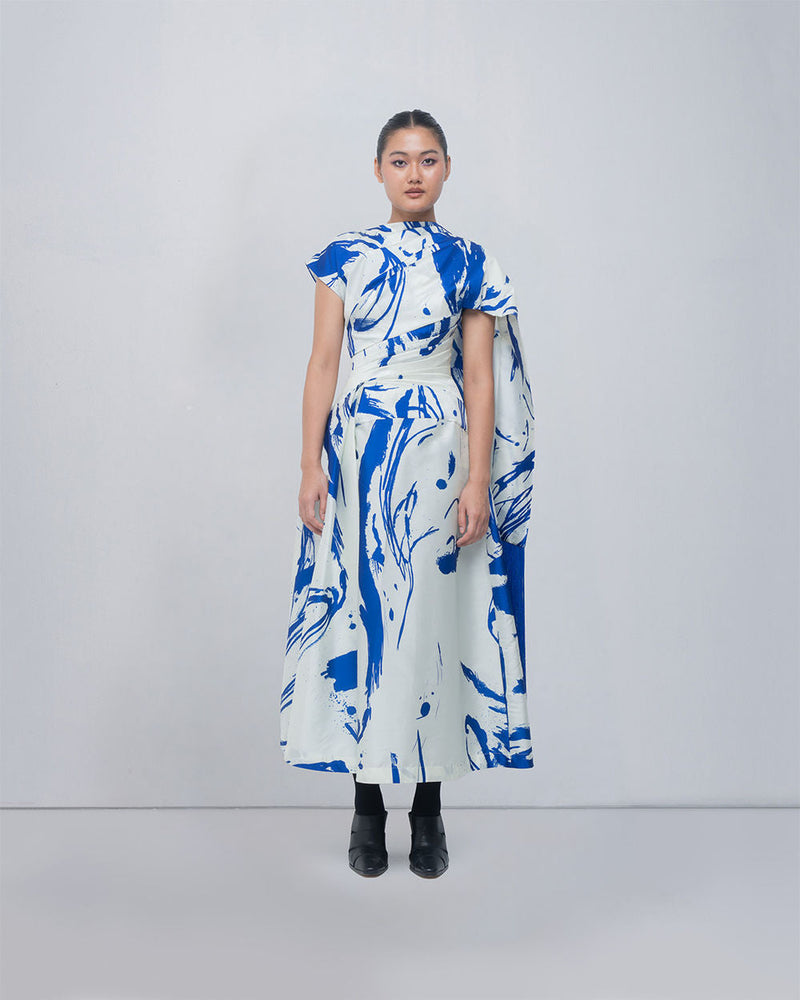 Shiori Draped Dress viscose by Leh Studios in blue/ ivory for women in Singapore