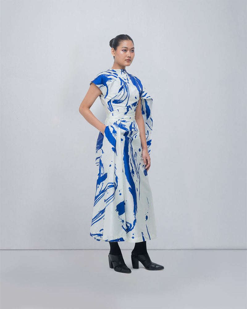 Shiori Draped Dress viscose by Leh Studios in blue/ ivory for women in Singapore