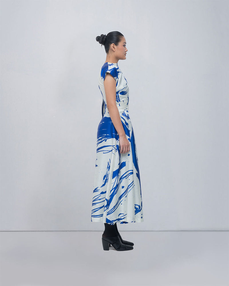 Shiori Draped Dress viscose by Leh Studios in blue/ ivory for women in Singapore