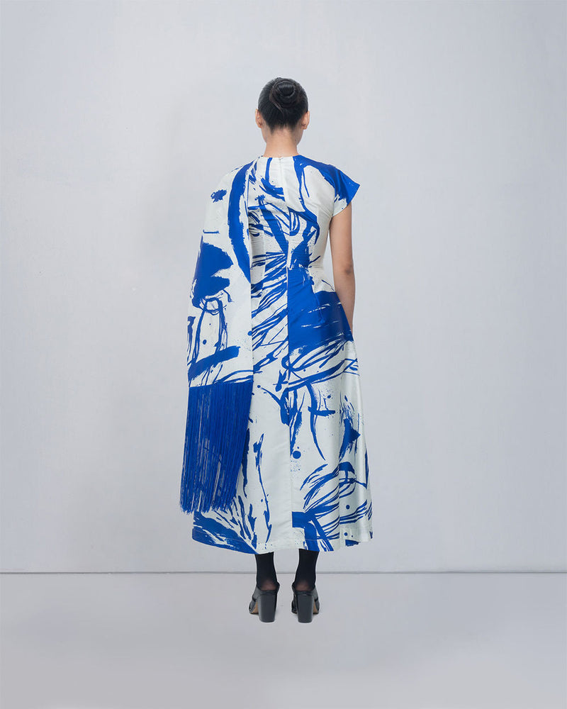 Shiori Draped Dress viscose by Leh Studios in blue/ ivory for women in Singapore