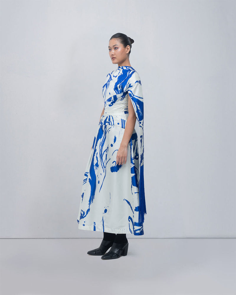 Shiori Draped Dress viscose by Leh Studios in blue/ ivory for women in Singapore
