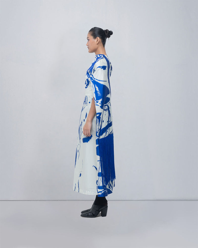 Shiori Draped Dress viscose by Leh Studios in blue/ ivory for women in Singapore