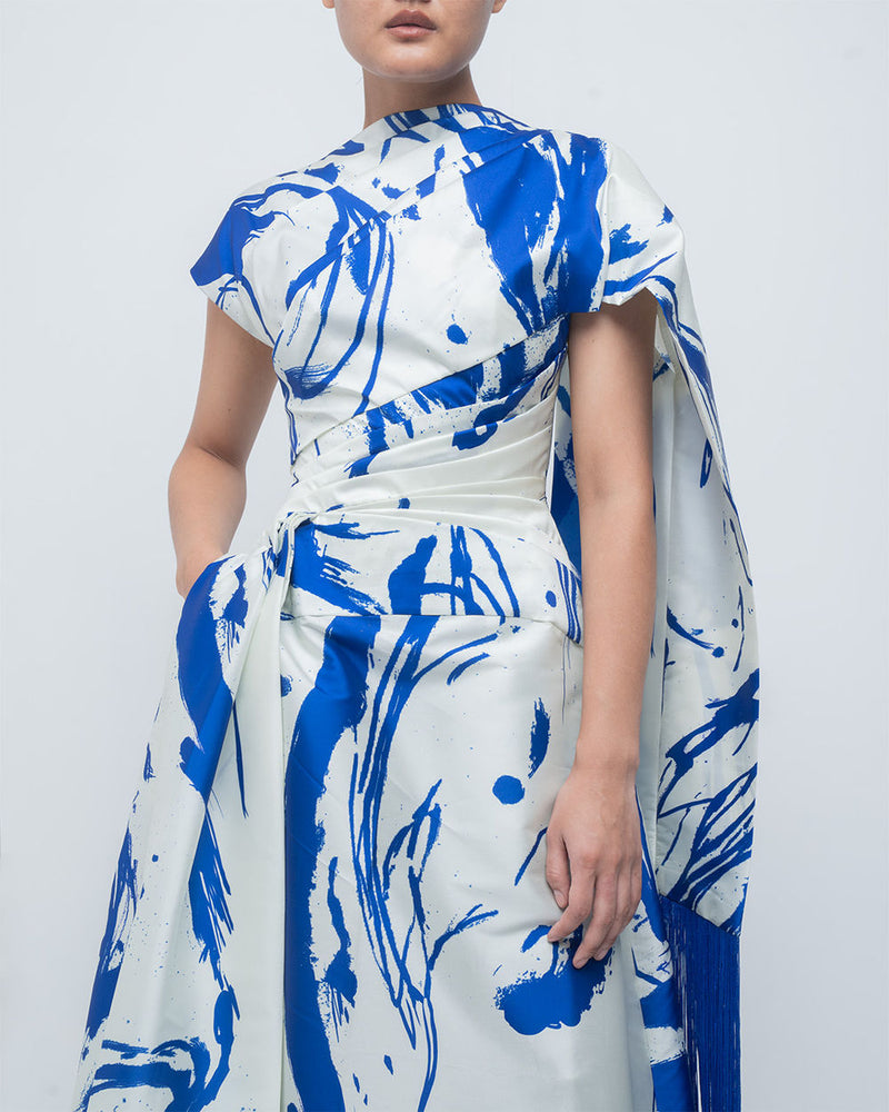Shiori Draped Dress viscose by Leh Studios in blue/ ivory for women in Singapore