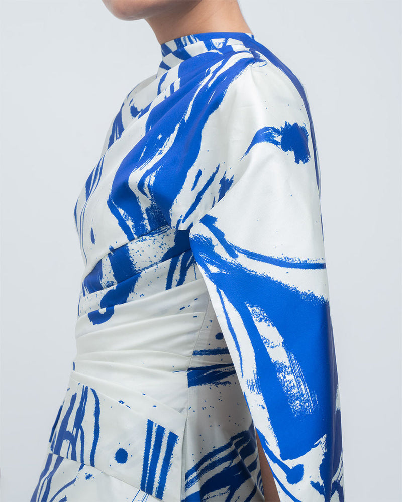 Shiori Draped Dress viscose by Leh Studios in blue/ ivory for women in Singapore