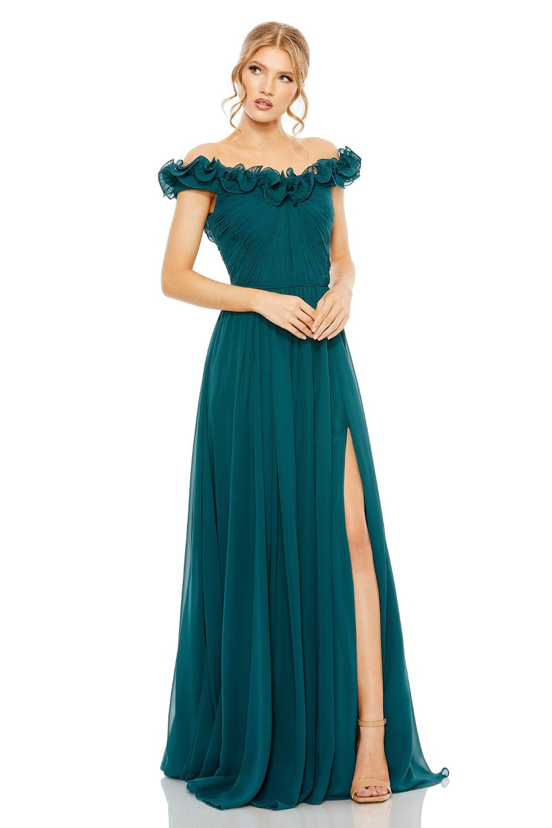 11591-Ruched Off The Shoulder A Line Gown by Mac Duggal in blue color for women in Singapore