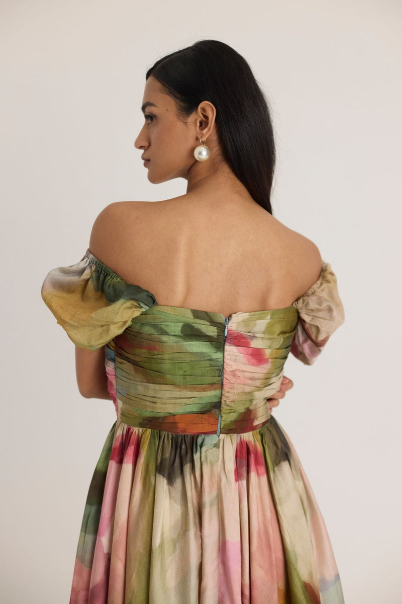 TILLY PUFF SLEEVE DRESS satin by Yam in multi color for women in Singapore