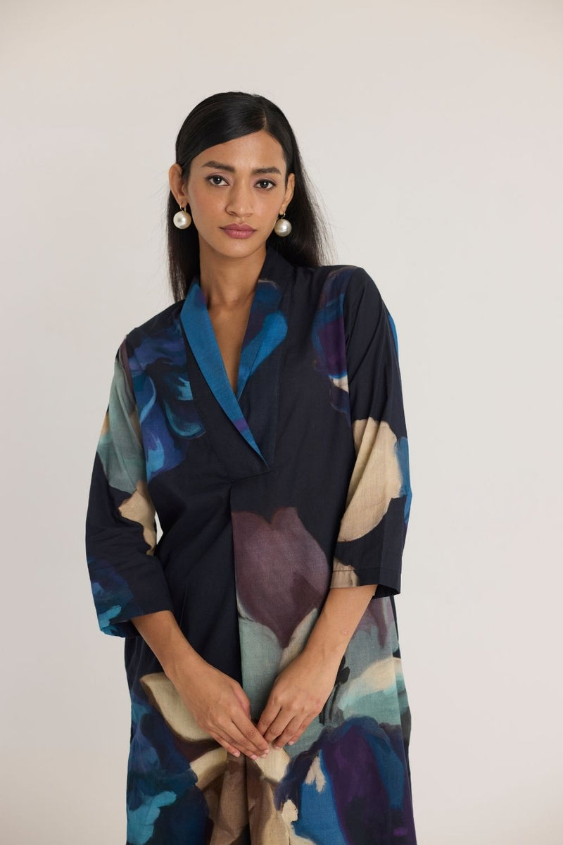 ROCCO SHAWL COLLAR KURTA SET cotton by Yam in black color for women in Singapore