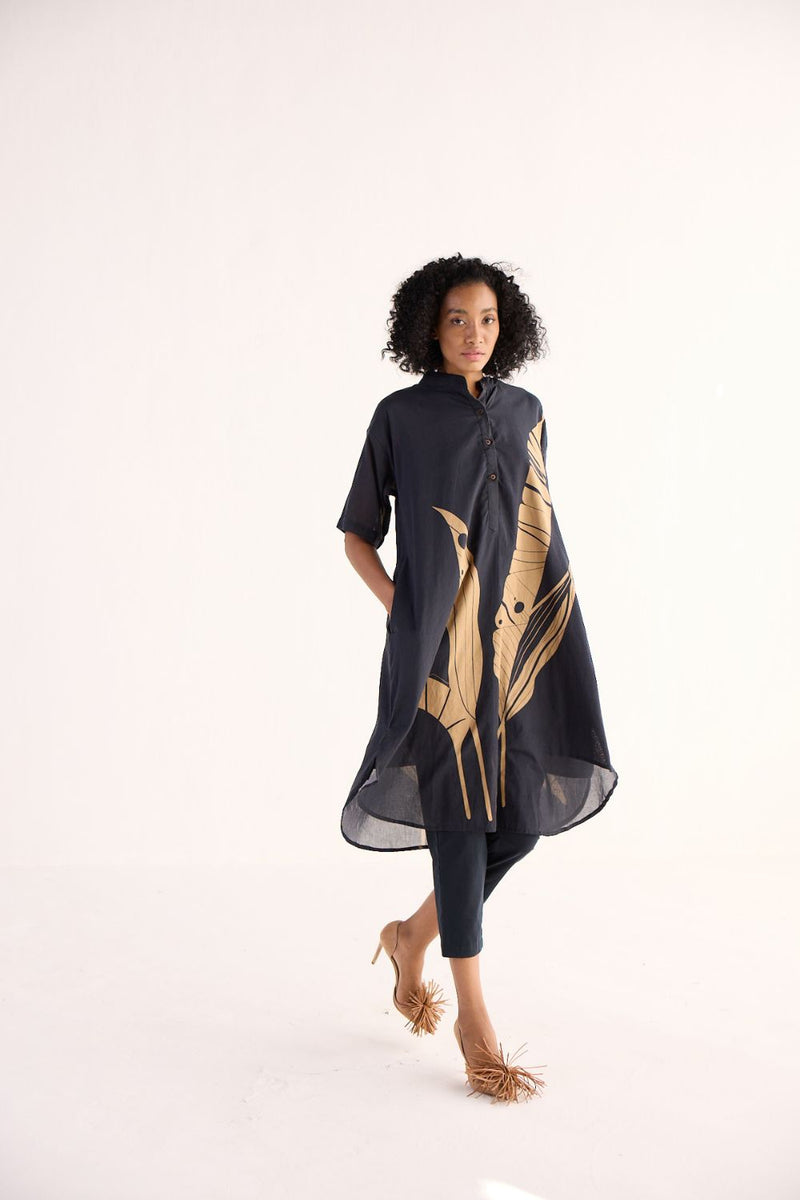 SHADOW LEAF KURTA SET cotton by Khara Kapas in charcoal for women in Singapore