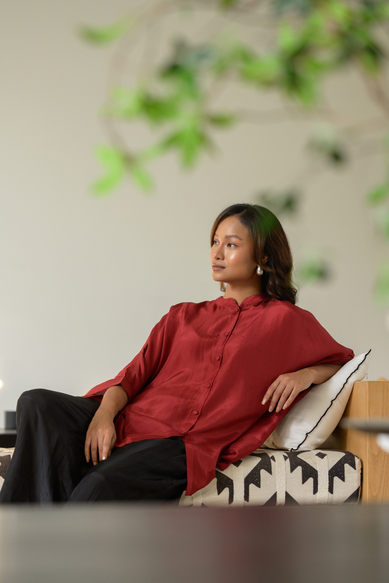 Ruby Kaftan Top silk top/shirt by Zanzibar Living in ruby red for women in Singapore
