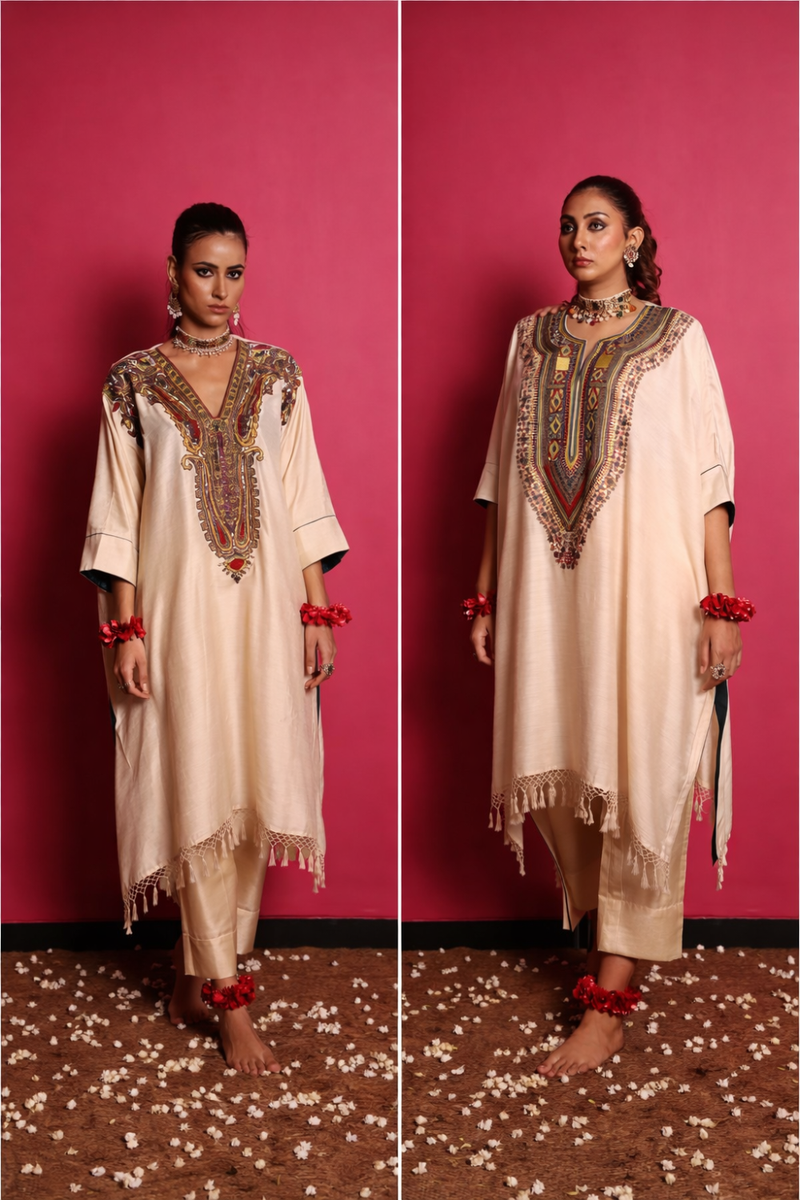 Beige Mogha Silk Thread & Zardozi Hand Embroidered Kurta Set