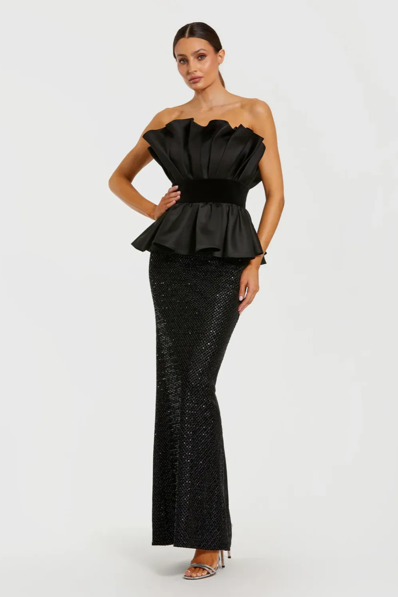 Black Strapless Satin Peplum Sequin Column Gown satin by Mac Duggal in black color for women in Singapore