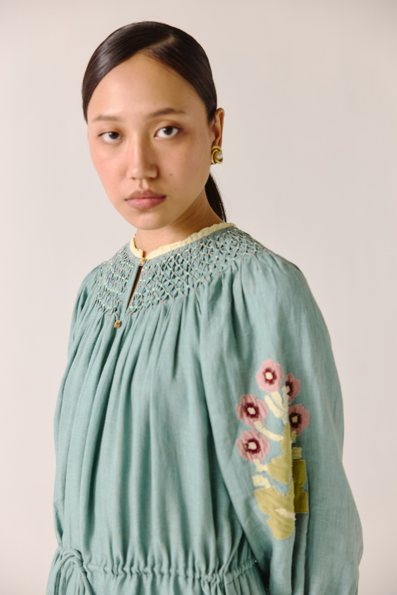 Edith Dress - Pale Blue Pixel Applique linen by CORD in blue for women in Singapore