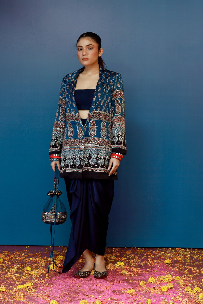 Baithak Blue Ajrak Blazer Set