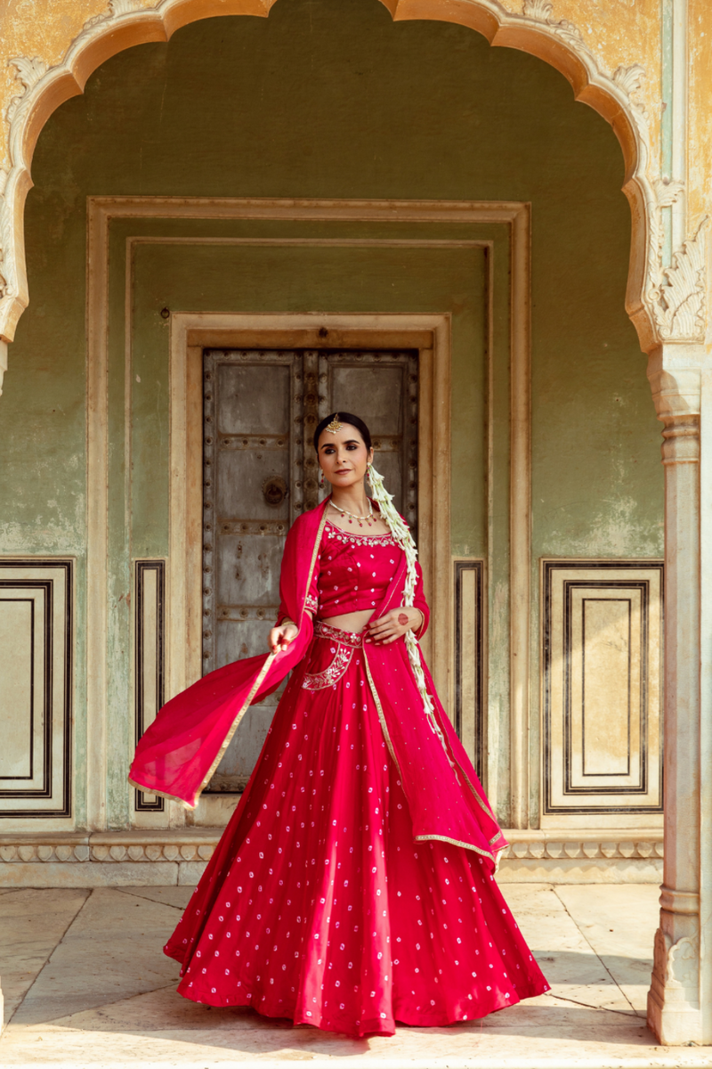 Fuchsia & White Bandhej Print Lehenga Set satin Buy Fuchsia & White Bandhej Print Lehenga Set from C&W | Lehenga Sets for Women by Maison Shefali in multi color for women in Singapore