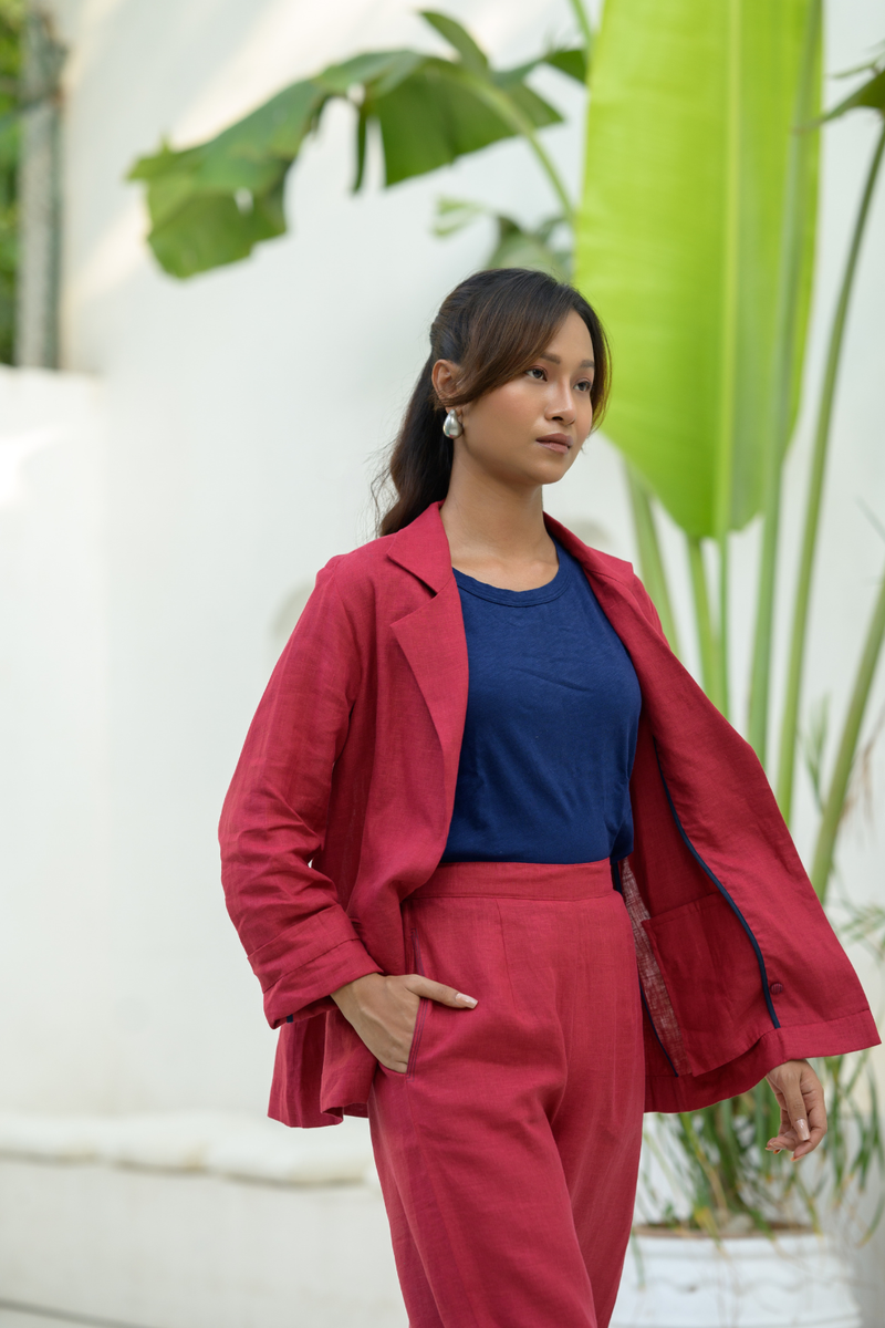 Crimson Sky Suit linen co-ord set by Zanzibar Living in crimson red for women in Singapore