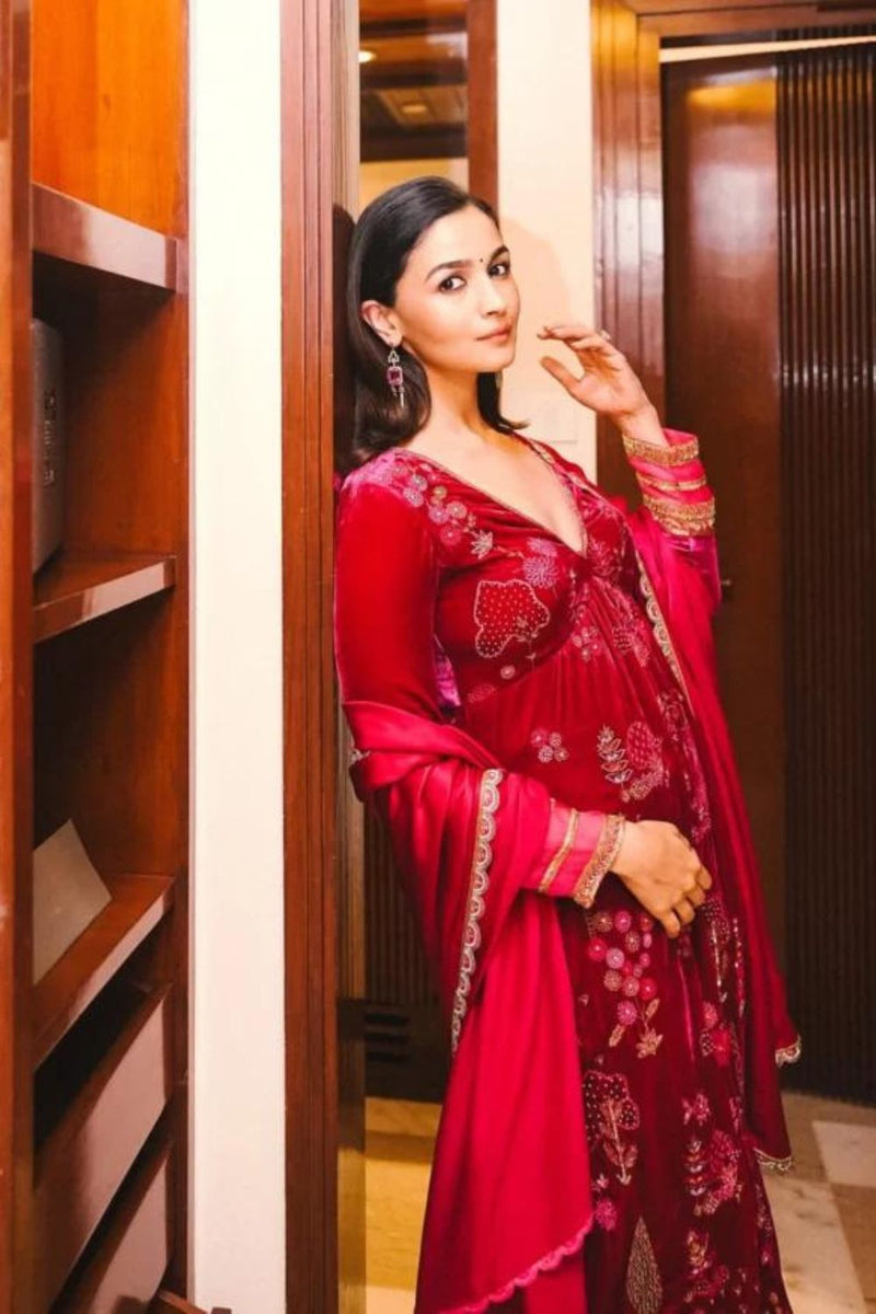Nadira Jester Red Alia Velvet Set by Rajiramniq in red color for women in Singapore