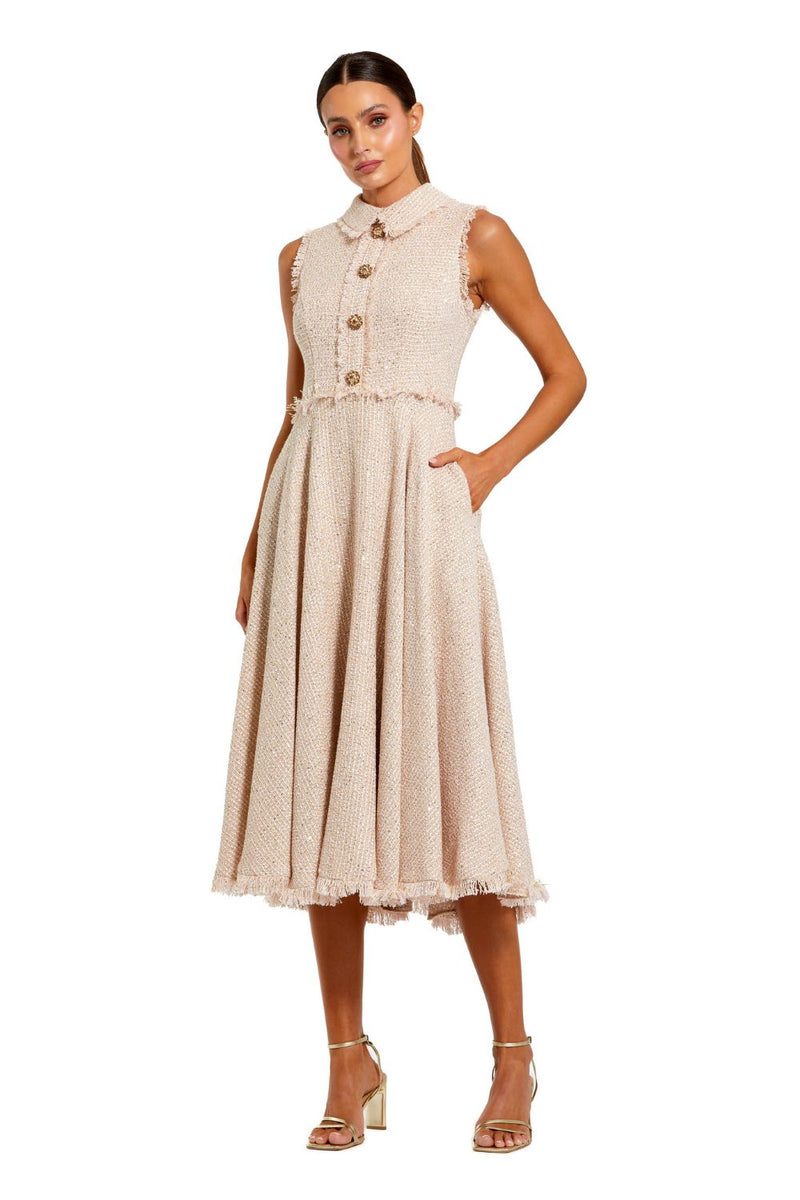 27658-Pink Boucle Sleeveless Collared Button Up Midi Dress by Mac Duggal in blush color for women in Singapore