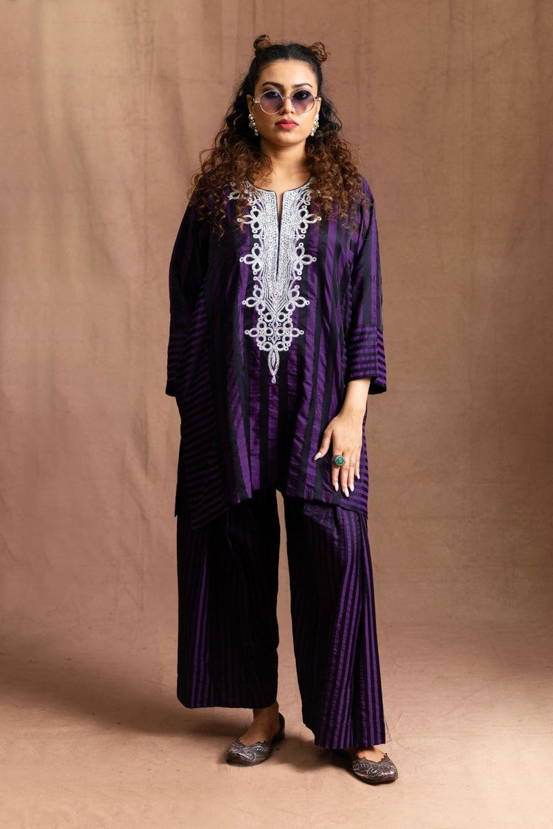 Silk Striped Farshi-Auberine & Black Stripes Pure Silk Kurta Set Sabo by Sabina — Canvas & Weaves Singapore