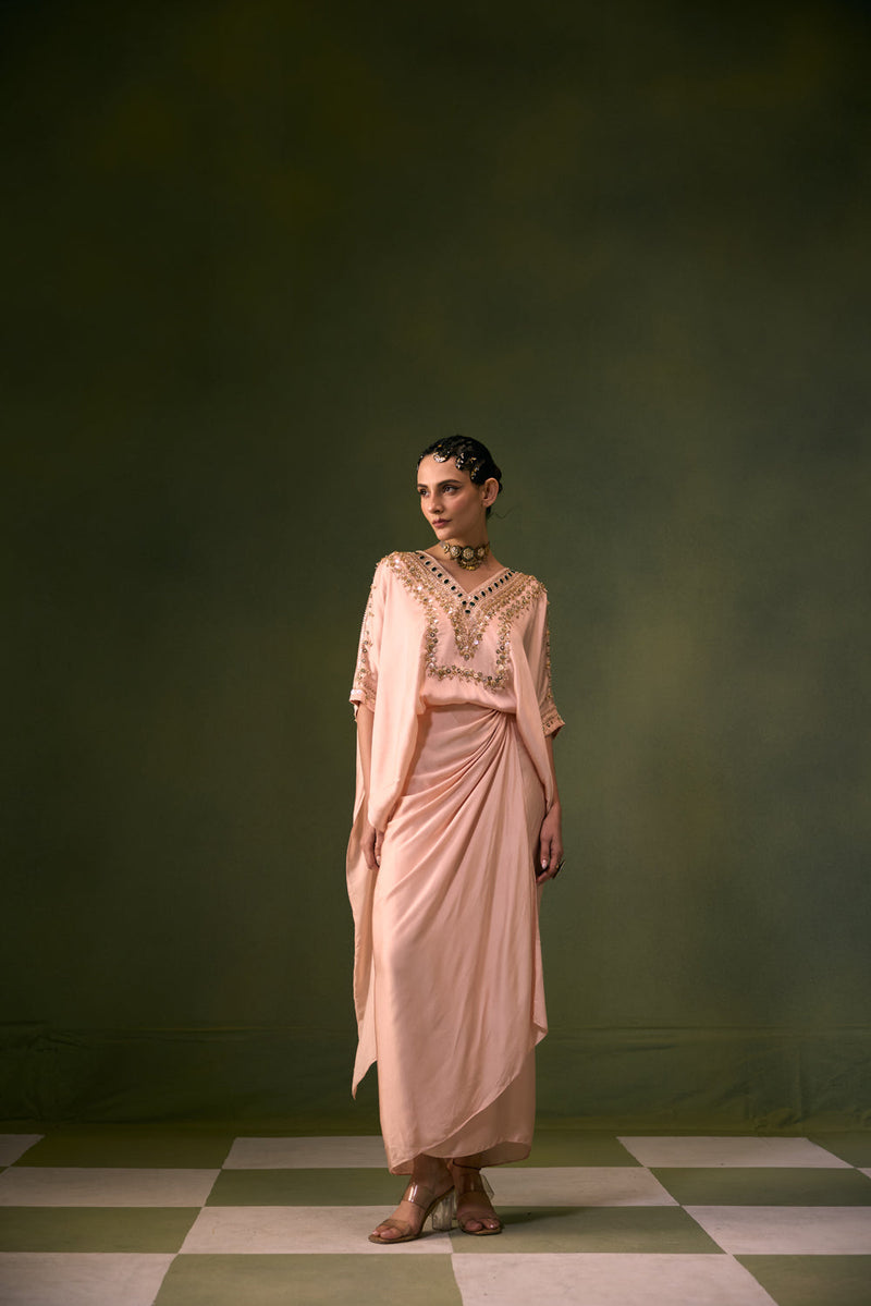 Nexa Tea Rose Antifit Top with Wrap Skirt vegan satin indo-western by PRAHNAAYA in pink for women in Singapore