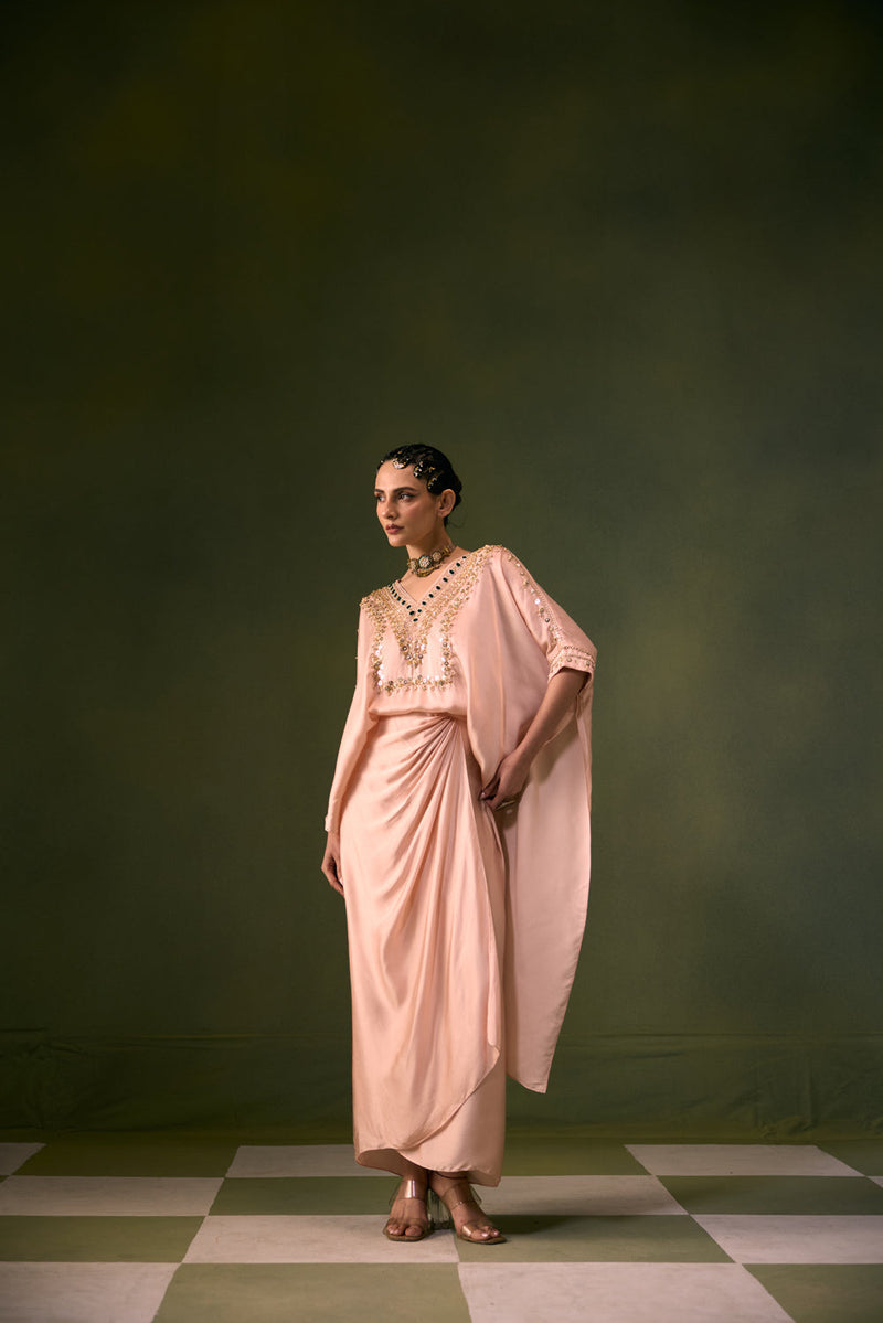 Nexa Tea Rose Antifit Top with Wrap Skirt vegan satin indo-western by PRAHNAAYA in pink for women in Singapore