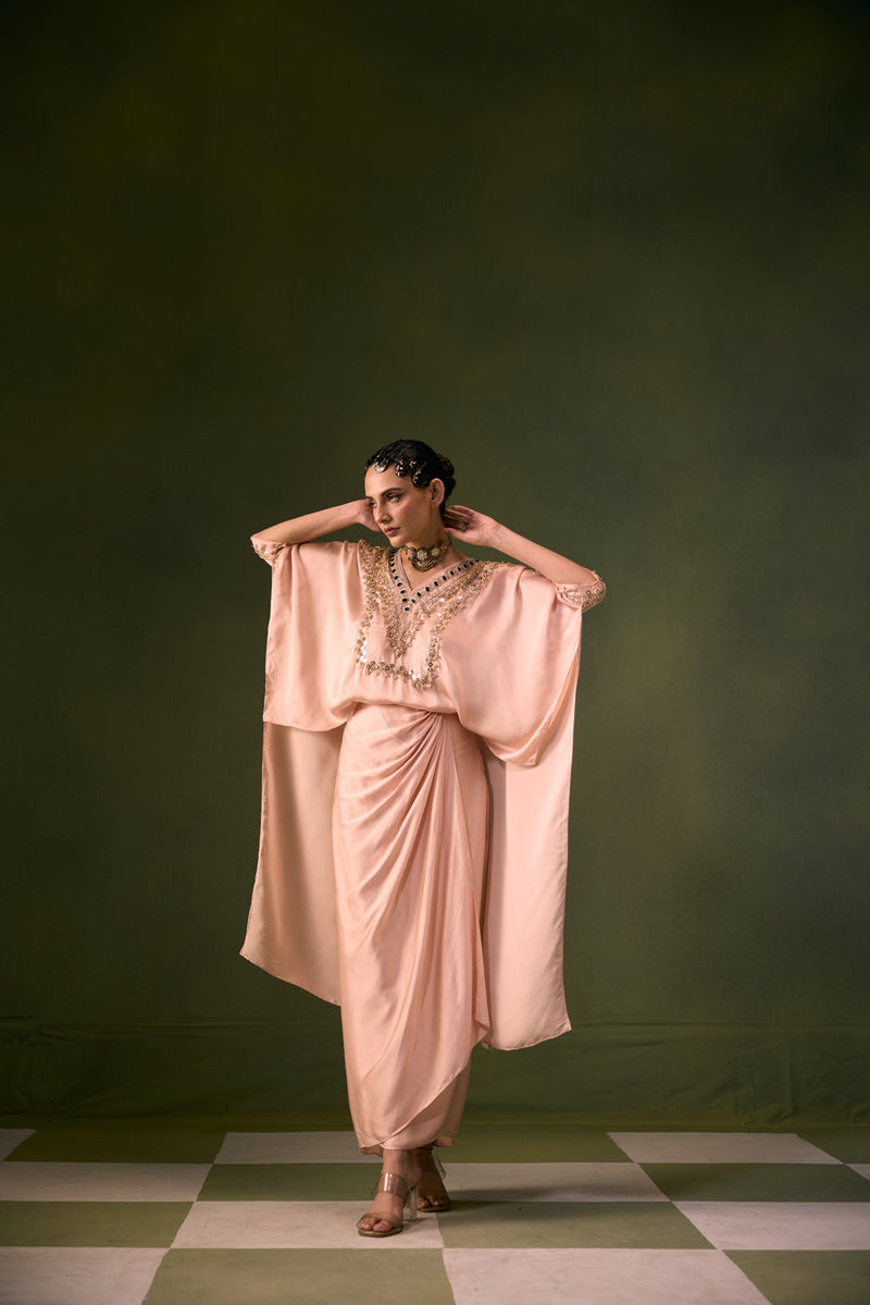 Nexa Tea Rose Antifit Top with Wrap Skirt vegan satin indo-western by PRAHNAAYA in pink for women in Singapore