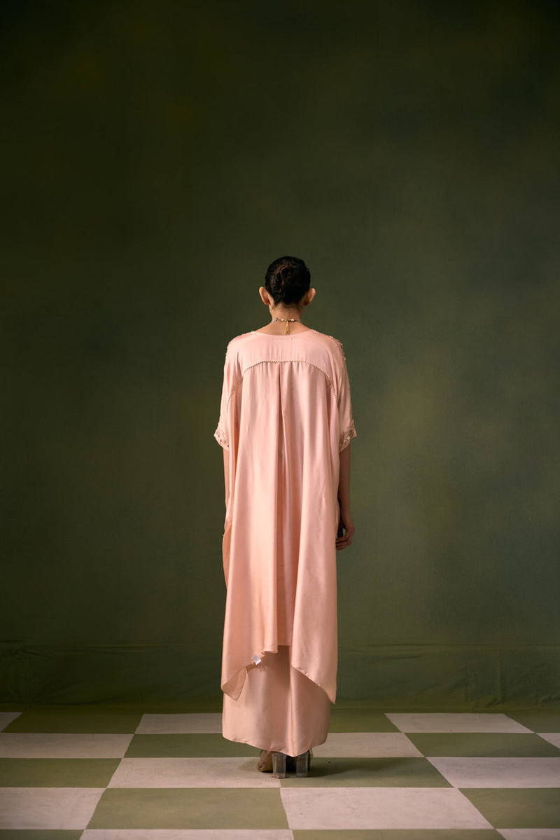 Nexa Tea Rose Antifit Top with Wrap Skirt vegan satin indo-western by PRAHNAAYA in pink for women in Singapore