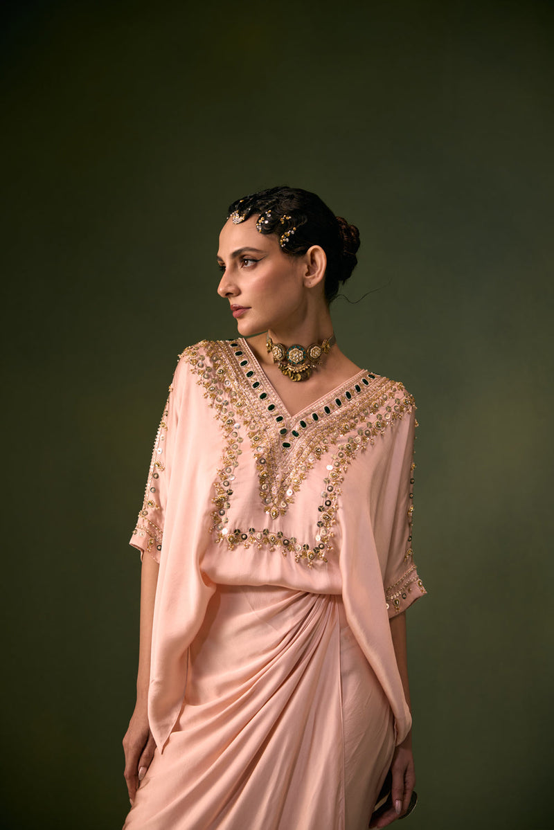 Nexa Tea Rose Antifit Top with Wrap Skirt vegan satin indo-western by PRAHNAAYA in pink for women in Singapore