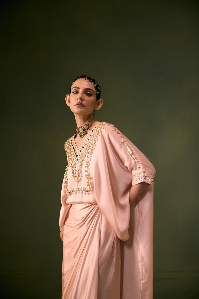 Nexa Tea Rose Antifit Top with Wrap Skirt vegan satin indo-western by PRAHNAAYA in pink for women in Singapore