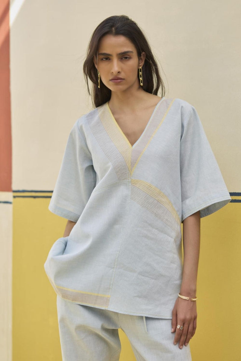 Moriko Border Linen Top - Sky linen by Manan in blue color for women in Singapore