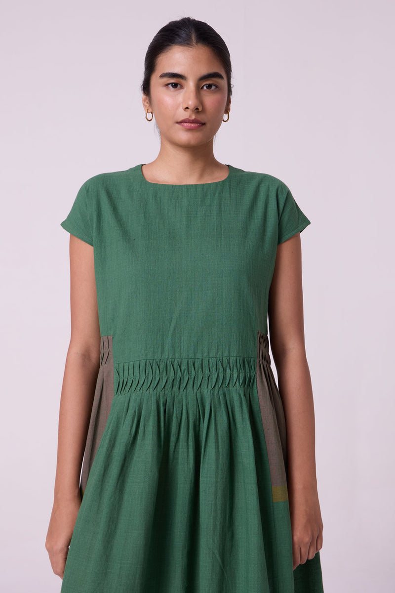 Mori Green Colourblocked Handwoven Midi Dress handwoven cotton dress by The Summer House in green for women in Singapore