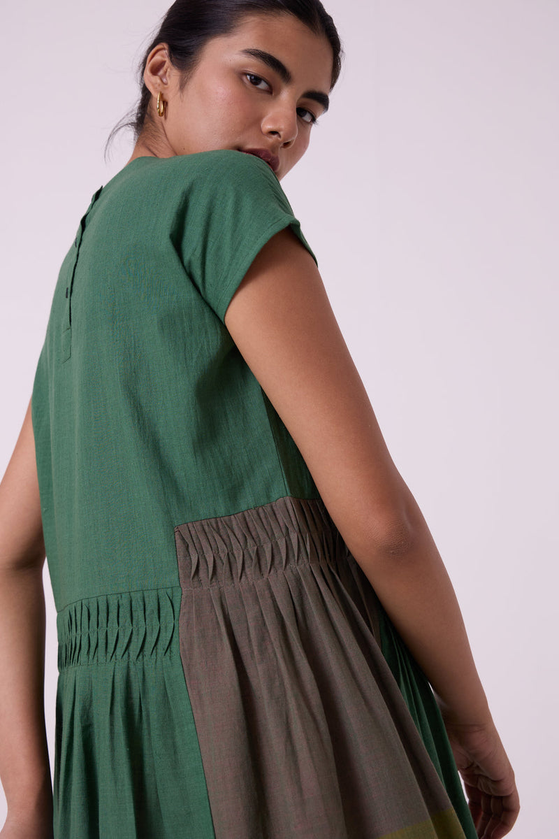 Mori Green Colourblocked Handwoven Midi Dress handwoven cotton dress by The Summer House in green for women in Singapore