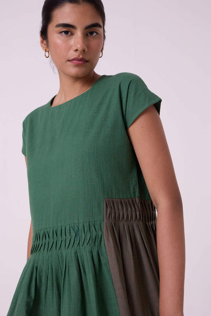 Mori Green Colourblocked Handwoven Midi Dress handwoven cotton dress by The Summer House in green for women in Singapore