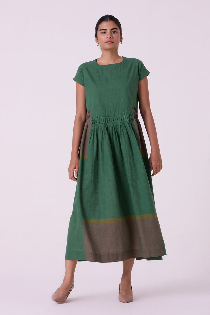 Mori Green Colourblocked Handwoven Midi Dress handwoven cotton dress by The Summer House in green for women in Singapore