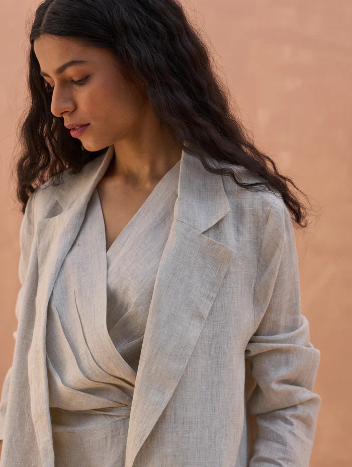 Maya Linen Dress with Jacket-Off White linen by Manan in white color for women in Singapore