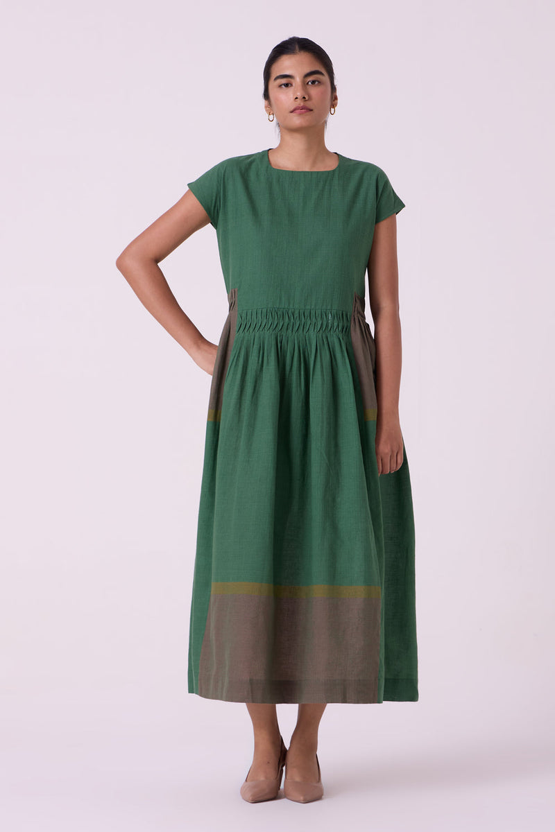 Mori Green Colourblocked Handwoven Midi Dress handwoven cotton dress by The Summer House in green for women in Singapore