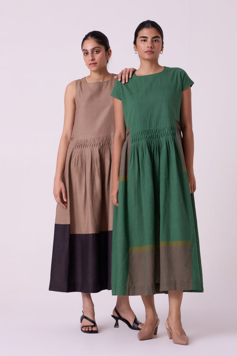 Mori Green Colourblocked Handwoven Midi Dress handwoven cotton dress by The Summer House in green for women in Singapore