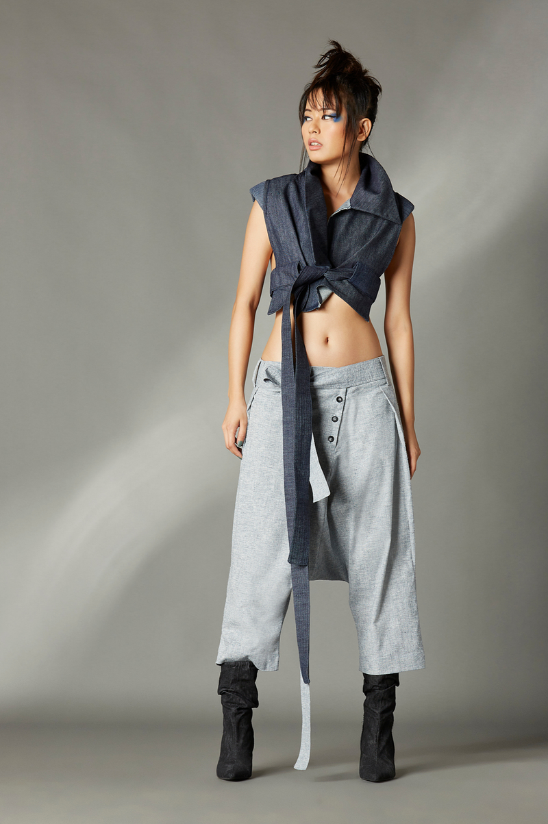 Nova Trousers in Burlap cotton by Chola in blue color for women in Singapore