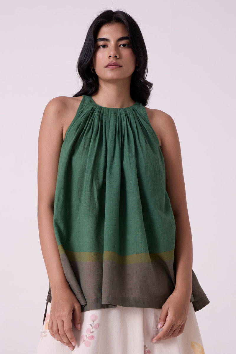 Margo Green Colourblocked Handwoven Top handwoven cotton top/shirt by The Summer House in green for women in Singapore