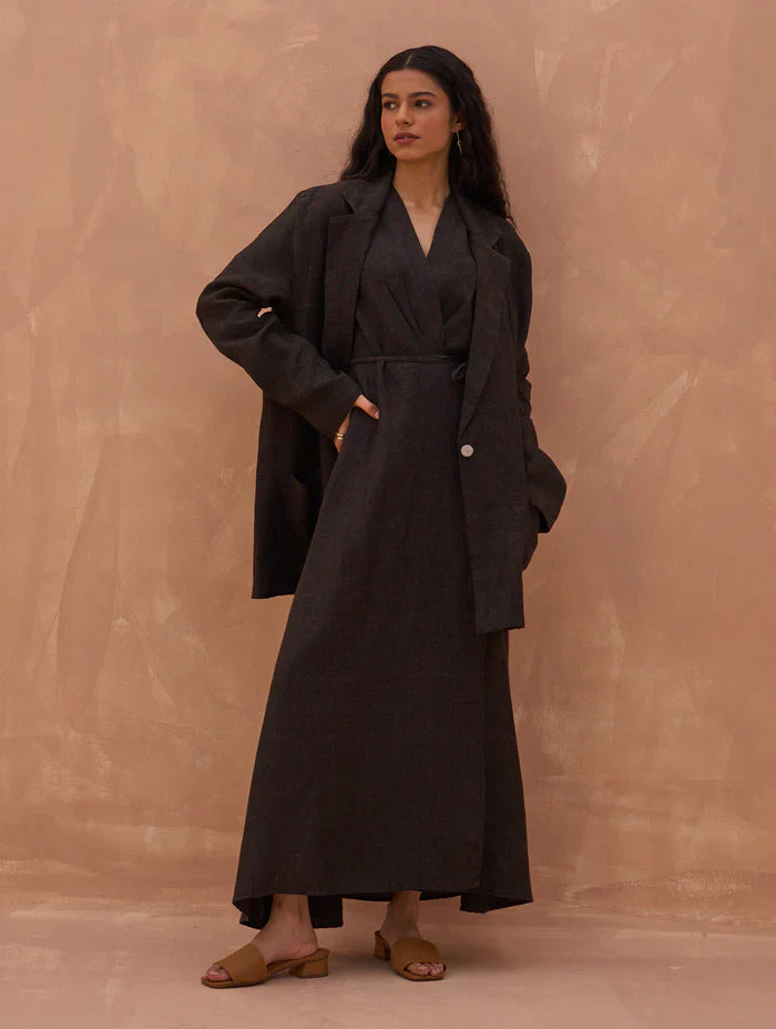 Maya Linen Wrap Dress - Charcoal linen by Manan in charcoal color for women in Singapore