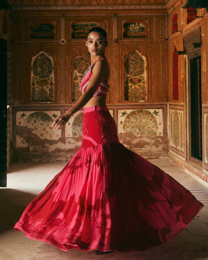 Khel Pink And Red Printed Lehenga mul by Rajiramniq in multi color for women in Singapore