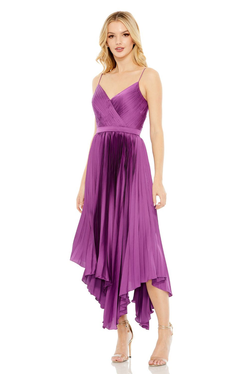 49637-Pleated Satin Flowy Midi Dress satin by Mac Duggal for women in Singapore